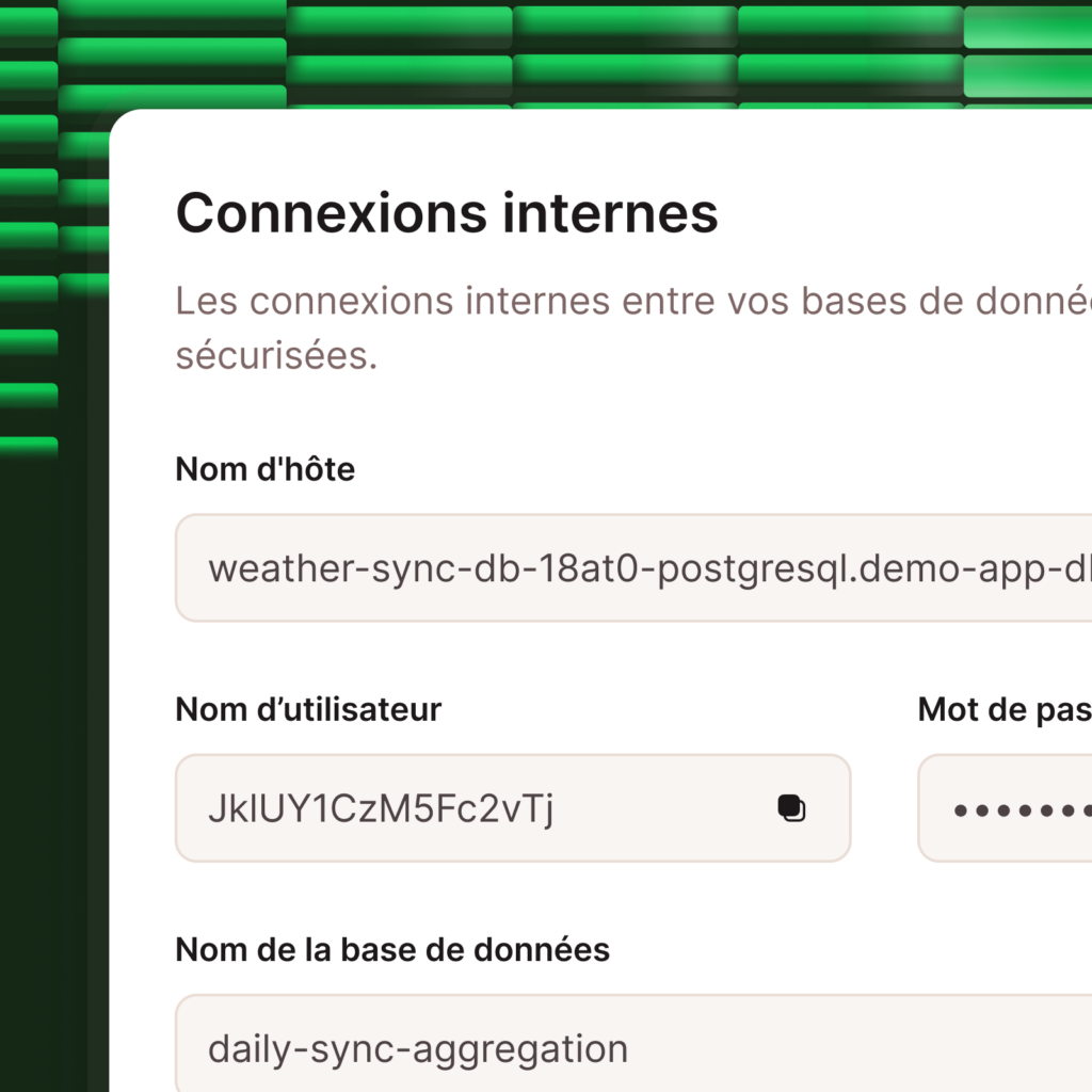 Capture d'écran montrant les options de connexions internes à la base de données