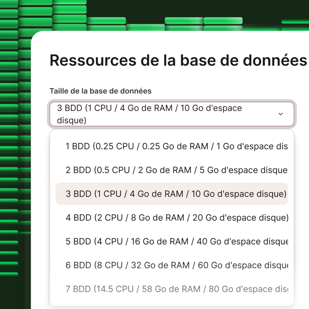 Capture d'écran montrant le sélecteur pour les différents niveaux de ressources de la base de données.