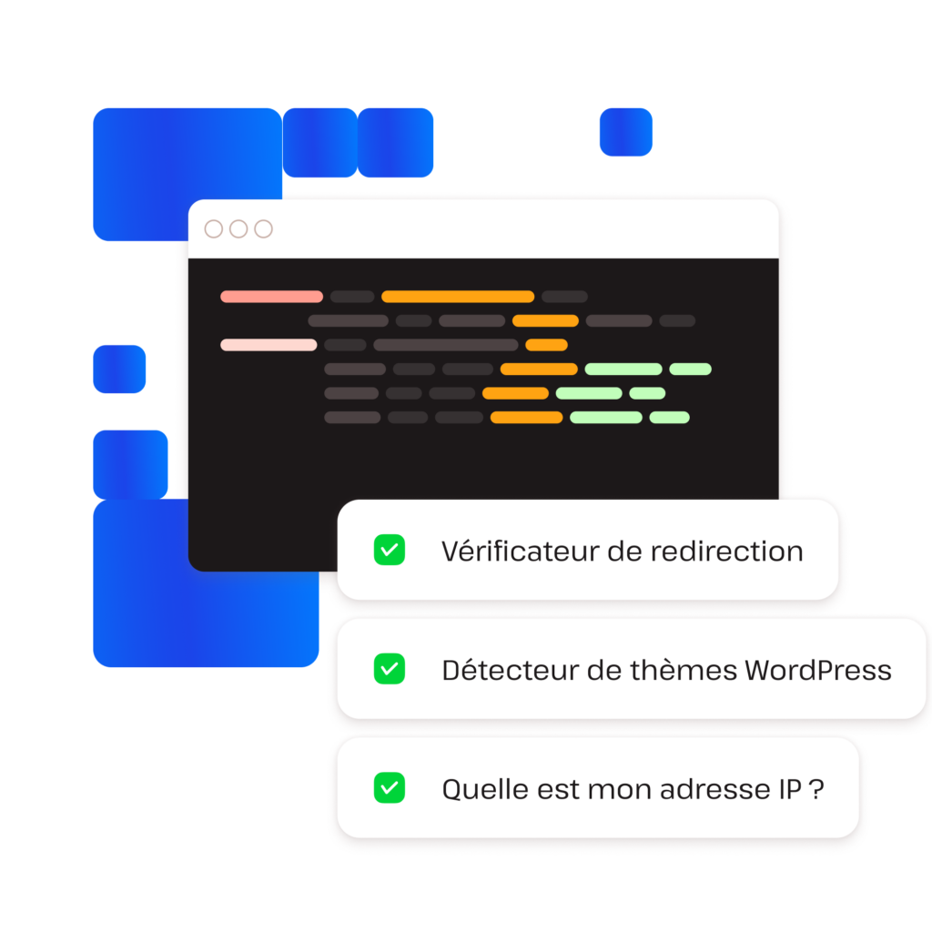 Exemples d'outils pour développeurs WordPress : vérificateur de redirection, détecteur de thème WordPress et Quel est mon IP ?