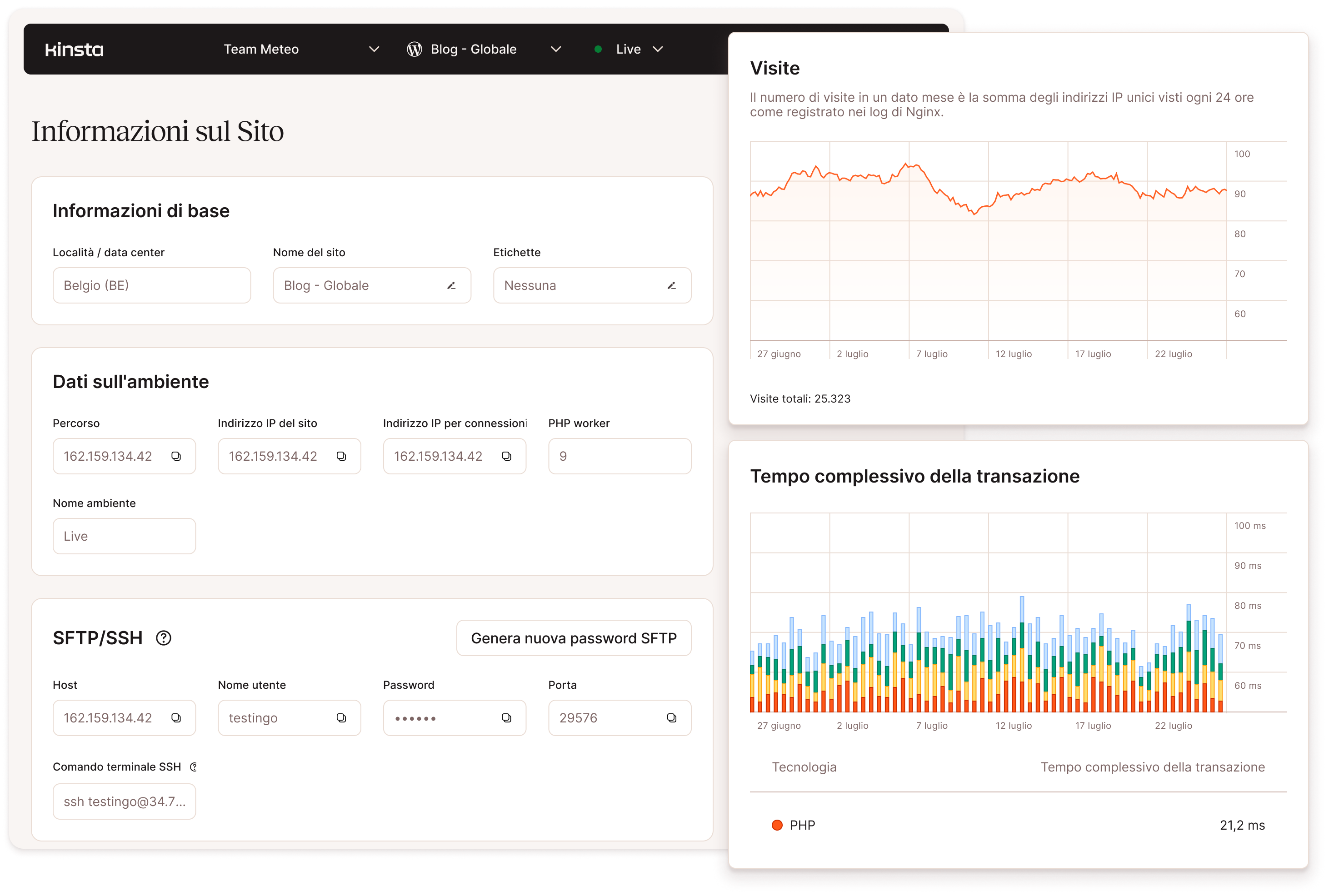 Screenshot che mostrano le funzioni di gestione del sito WordPress di MyKinsta