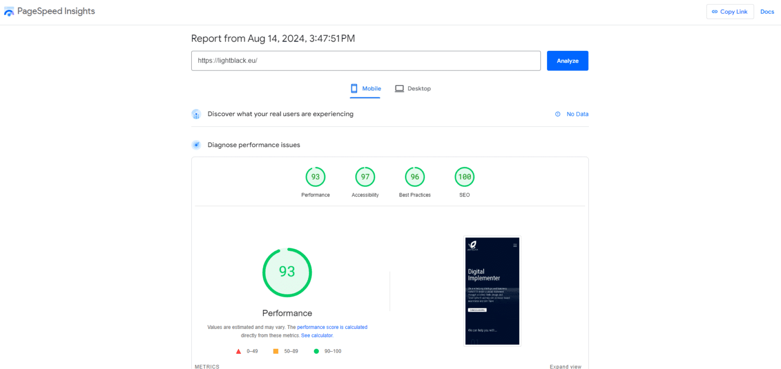 Últimos resultados de PageSpeed Insights de LightBlack Solutions