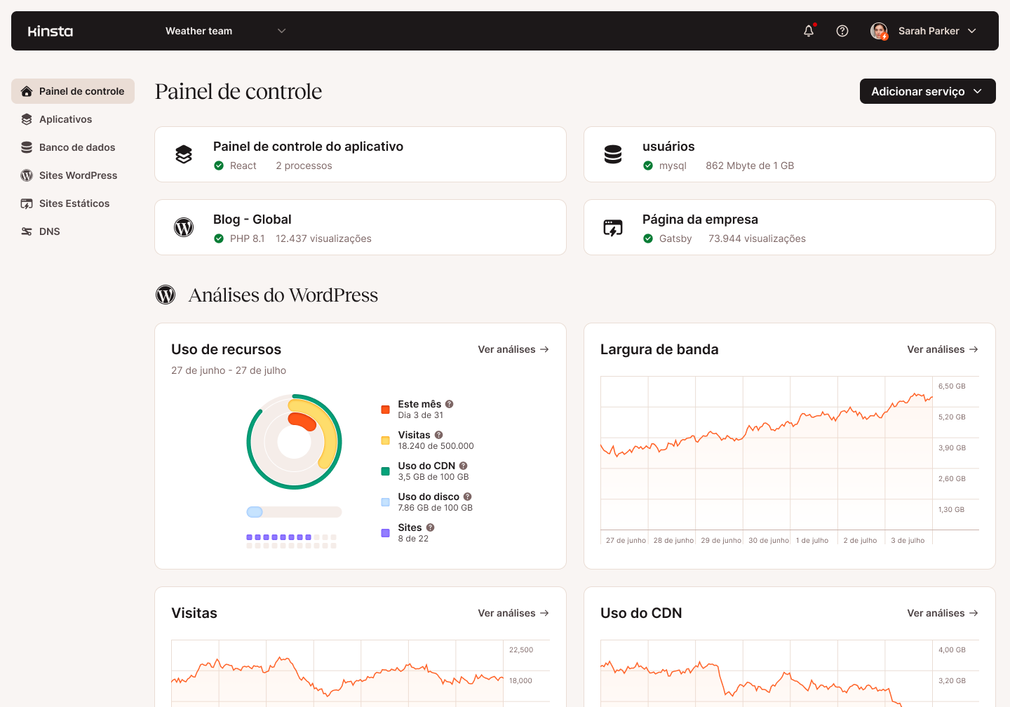 Captura de tela do painel principal do MyKinsta