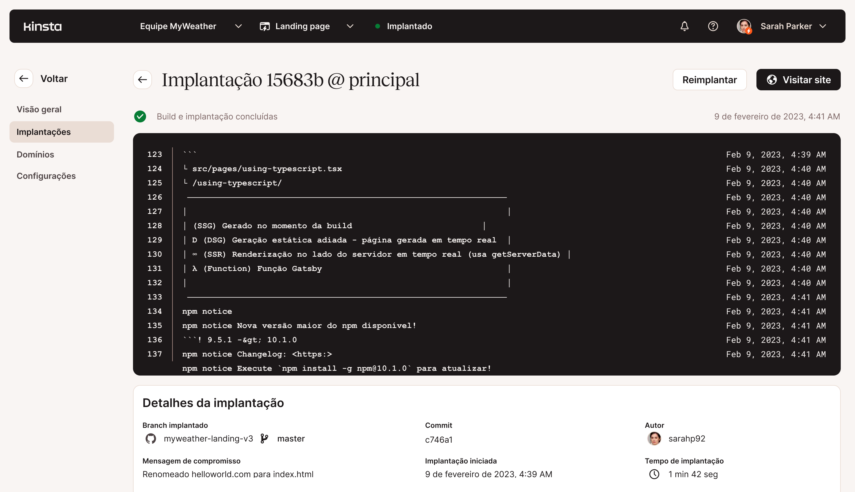 Captura de tela do MyKinsta mostrando a implantação de site estático