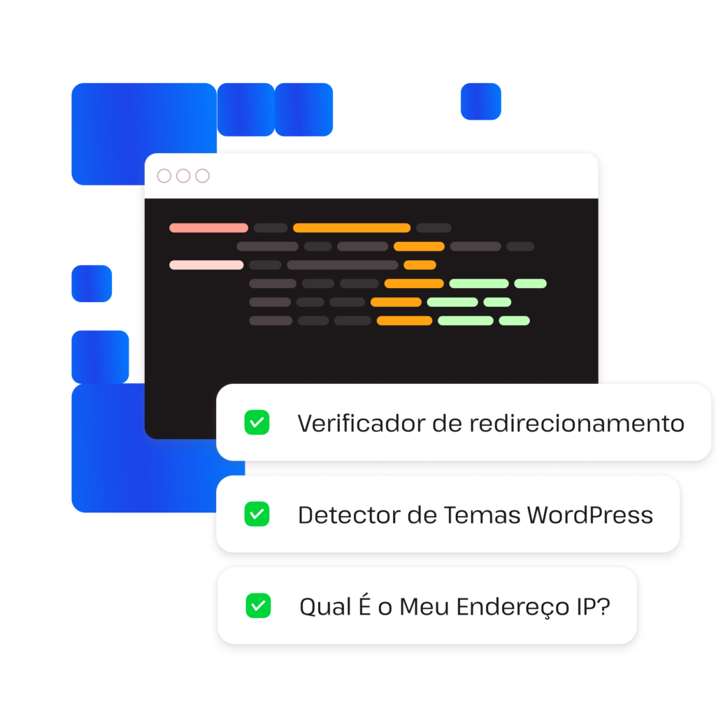 Exemplos de ferramentas para desenvolvedores do WordPress, como: Verificador de redirecionamento, Detector de tema do WordPress e Qual é o meu IP