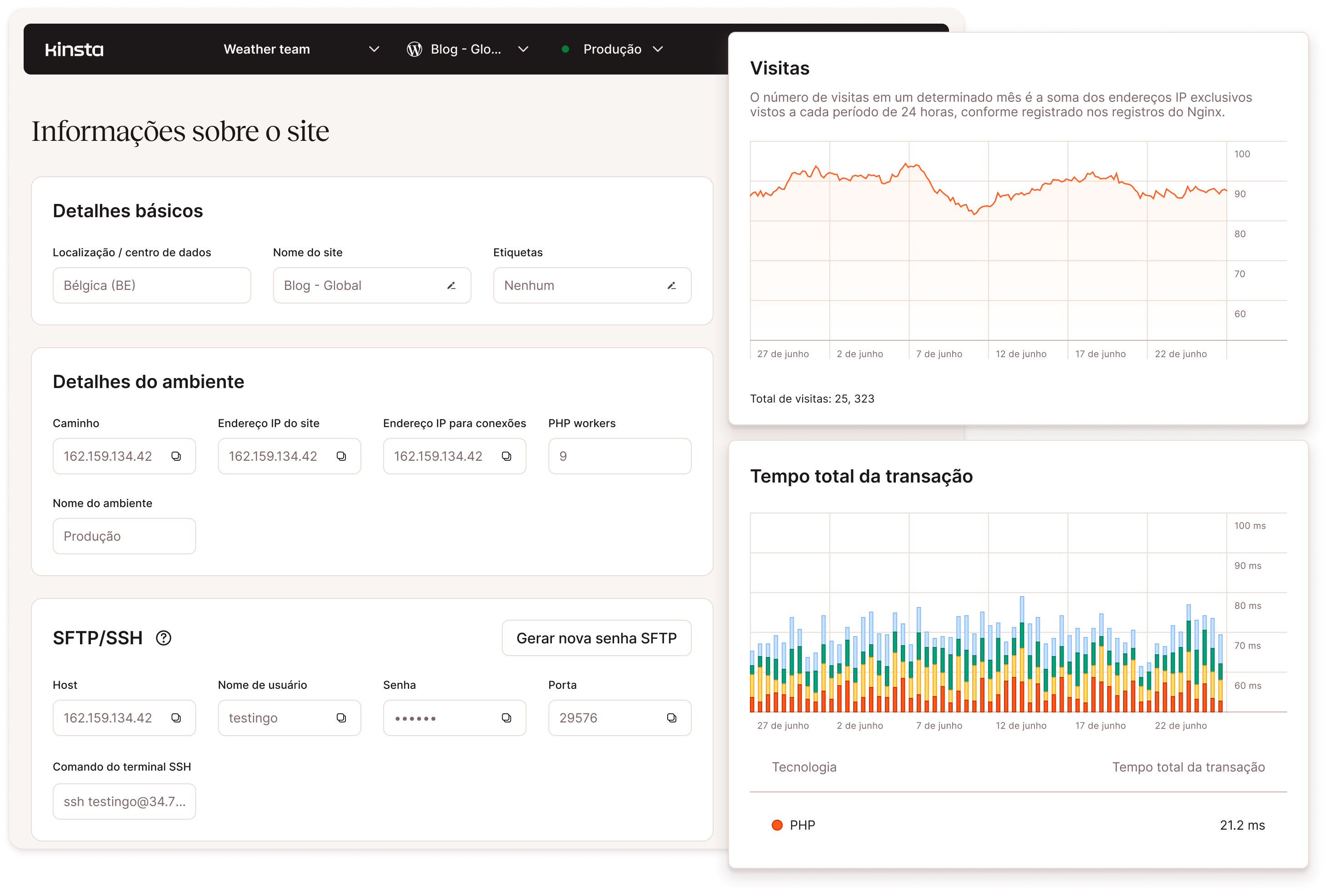 Capturas de tela mostrando os recursos de gerenciamento do site MyKinsta WordPress